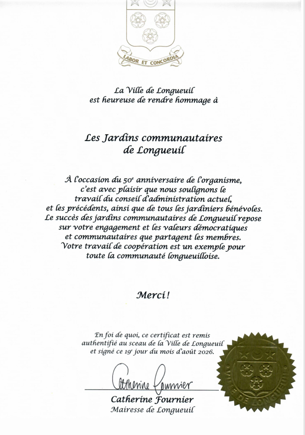 Certificat du 50e anniversaire des Jardins communautaires de Longueuil